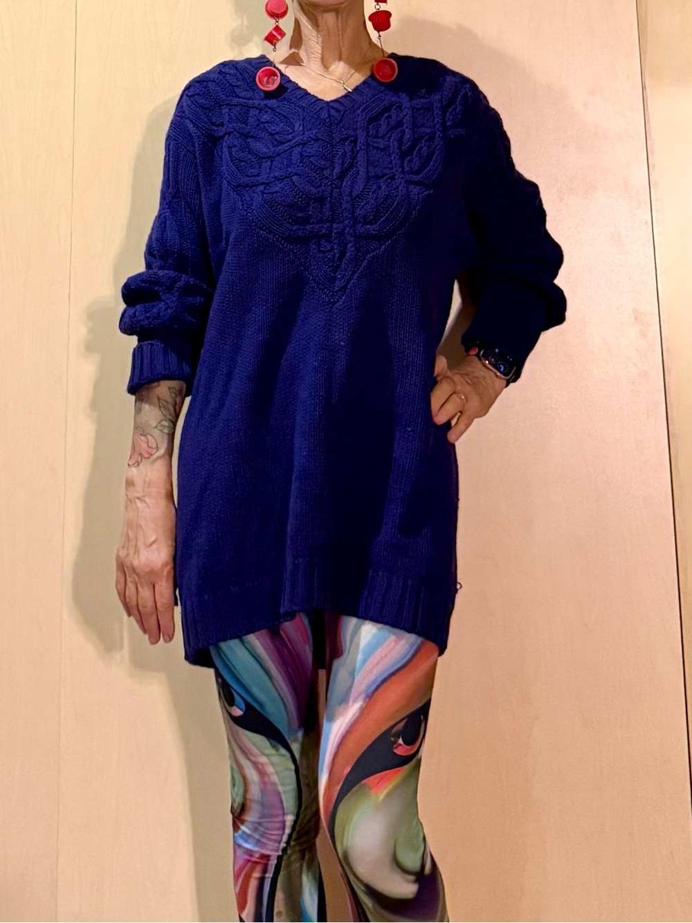 Vintage Forenza Cable Knit Tunic Sweater Blue Oversized Ramie Cotton Large